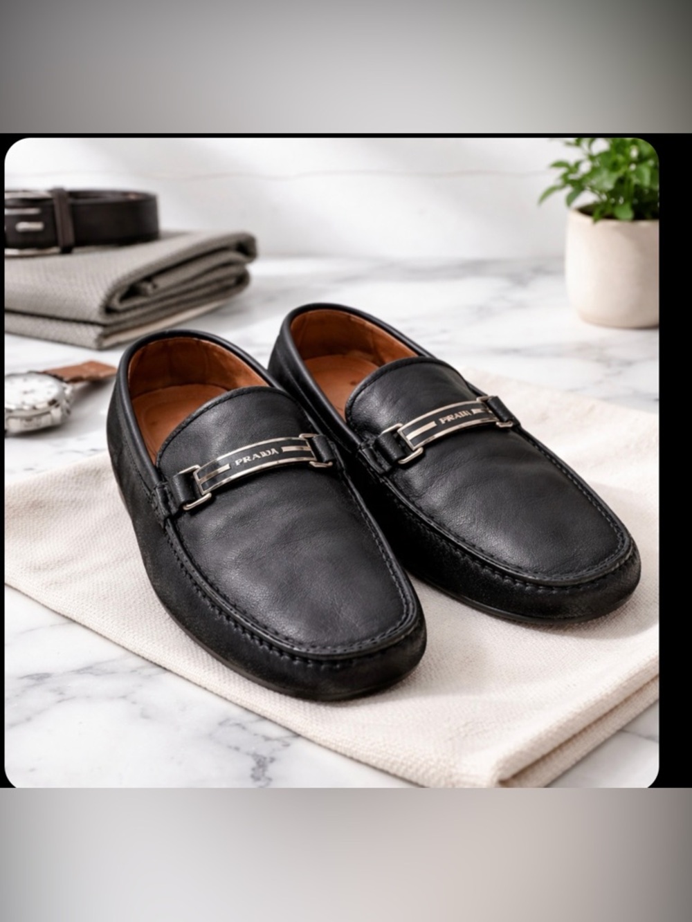 Prada 7 1/2 black leather slip-on loafers
